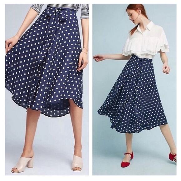 Anthropologie Dresses & Skirts - Anthropologie Porridge Retro Tie Waist Tandy Midi navy polka dot skirt Size S